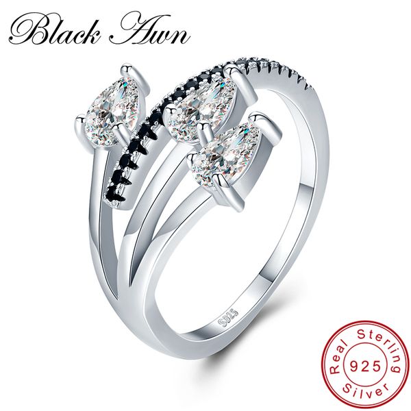 

black awn] real 925 sterling silver jewelry trendy elegant engagement ring black spinel wedding rings for women g007, Golden;silver