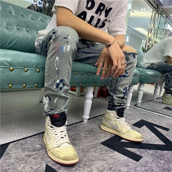 

2020box logo luxury jeans men's shorts jean denim causual fashional distressed shorts skate board jogger ankle ripped wave, Blue