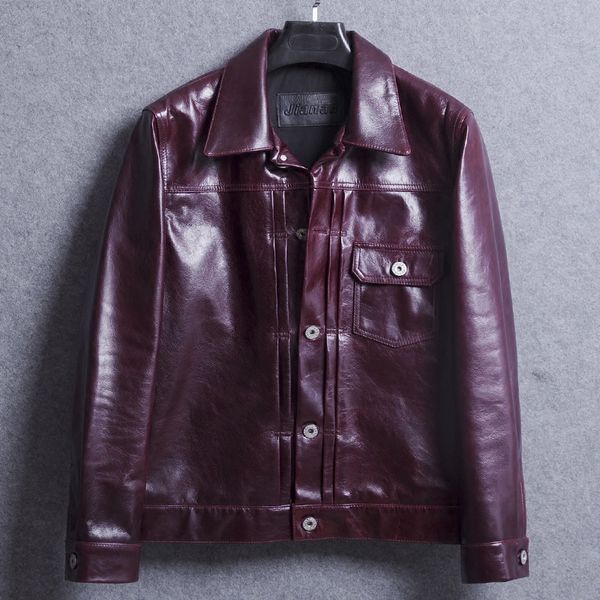 

short first layer cow men's slim locomotive jacket lapel single-breasted fashion genuine leather coat, Black