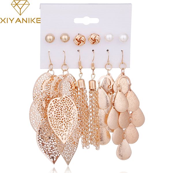 

xiyanike 6 pairs/sets vintage gold color leaves long tassel simulated pearl drop earrings set for women new brincos jewelry e21, Silver
