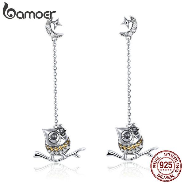 

bamoer authentic 925 sterling silver cute owl long chain drop earrings for women moon clear cz sterling silver jewelry sce396