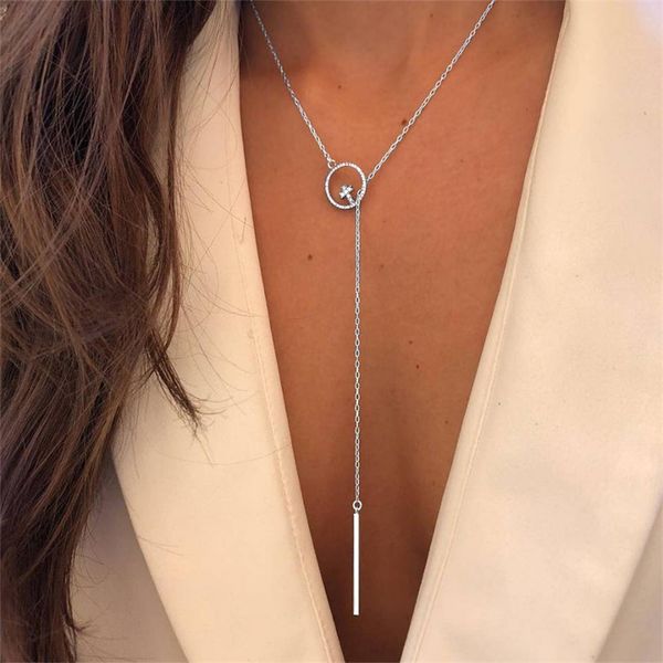 

silver cross circle strip long statement chain neckalce for women pendant fashion jewelry accessories gift wholesale