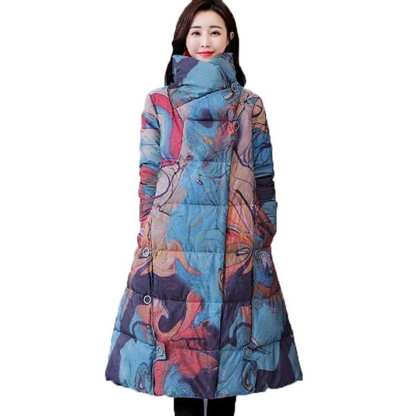 

plus size 2019 winter jacket women vintage parka print chinese national style female elegant long cotton padded clothes qh122, Black