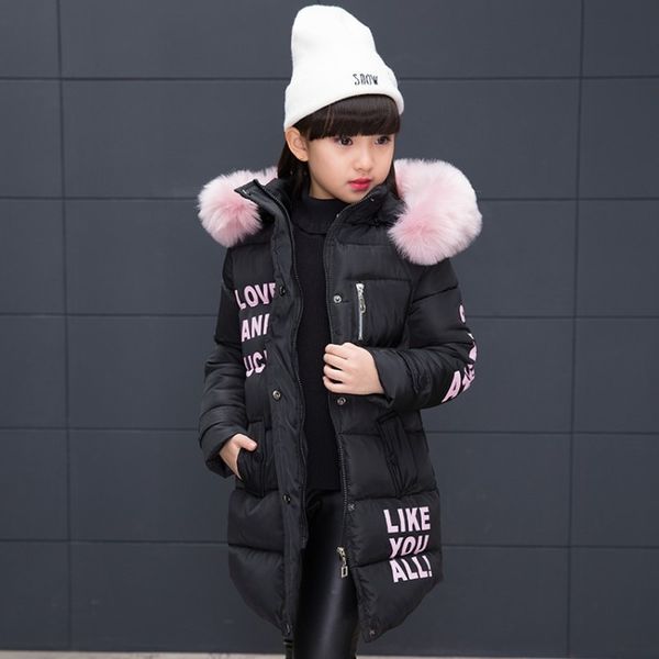 

new 2019 fashion children winter jacket girl winter coat kids warm thick fur collar hooded long down coats for teenage 4y-14y, Blue;gray