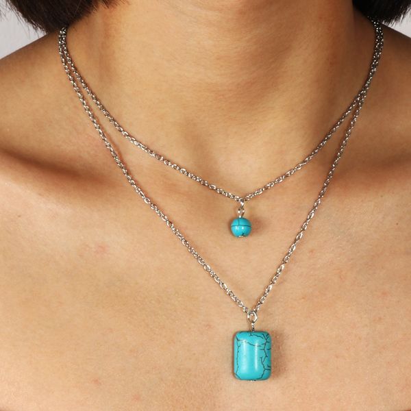 

double layer big statement small ball natural stone beads geometric patterns rectangle pendants necklaces for women girl gifts, Golden;silver