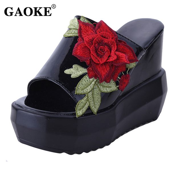 

women sandals summer embroidery flower leisure shoes women platform wedges peep toe gladiator sandals thick bottom slippers, Black
