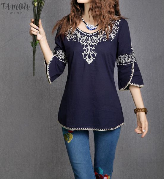 

2020 new fashion women girls totem pattern vintage ethnic blouse embroidery cotton casual 3 4 sleeve shirts blusa etnica bordada, White