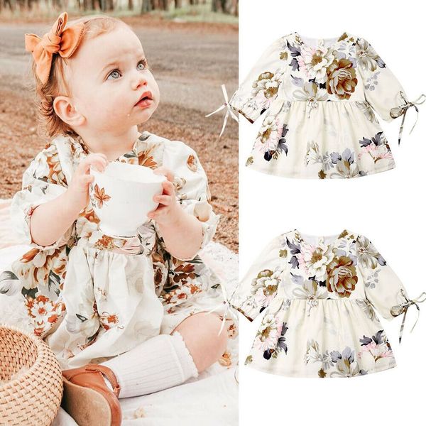 

infant baby girl floral print long sleeve bodysuit romper toddler sister lace ruffle flared dress outfits clothes, Red;yellow