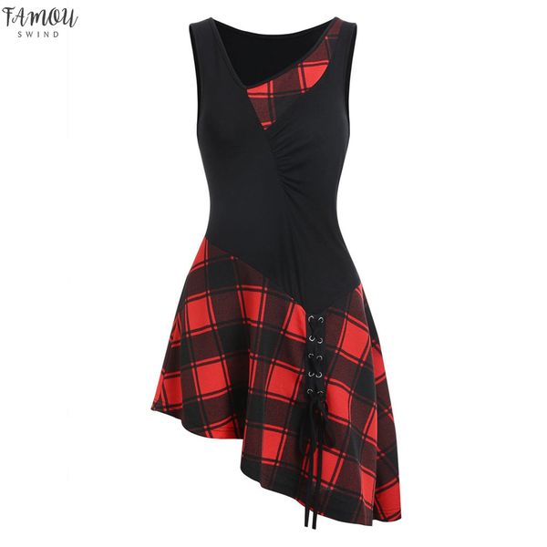 

clothes dress summer women casual fashion lace up tartan checked plaid print asymmetrical mini dress, Black;gray