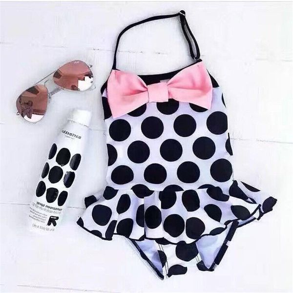 

2020 summer new kids girls swimsuit bikini polka dot bow one-piece costume halter swimwear cute beach clothes bathing suit