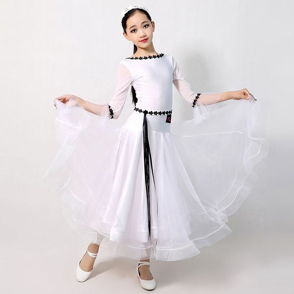

white standard ballroom dress girls waltz dance dresses flamenco spanish dancing performance wear children rave outfit dn4966, Black;red