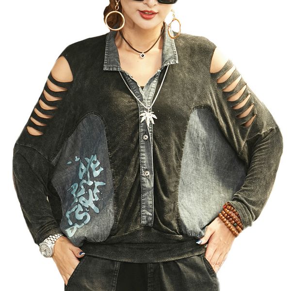 

ewq] 2020 spring new batwing sleeve hole hollow hit color old trend women shirt coats streetwear plus size women blouse, White