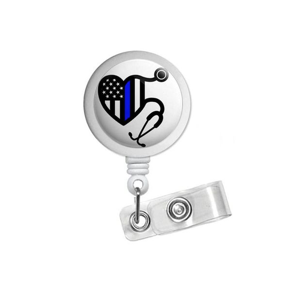 

thin blue line stethoscope retractable id badge reel, Silver