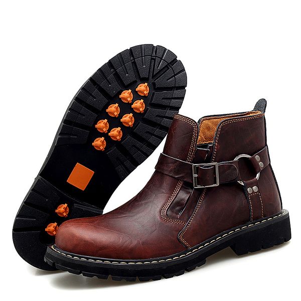 

new autumn winter men's boots cow genuine leather men shoes fashion motorcycle boots comfortable ankle casual shoes, Black