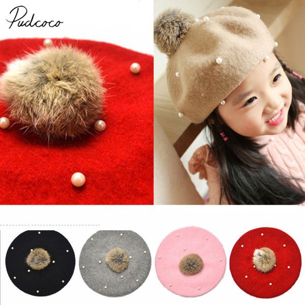 

2019 brand new kids child baby girls pearl braid beanie hat winter warm knit fur pom bobble cap beading fur ball beanies 3-6t, Yellow