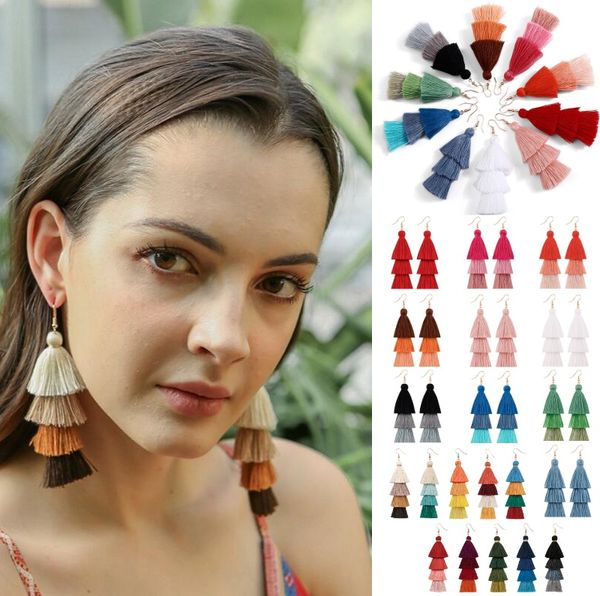 

20 colors new bohemian long tassel earrings female multilayer handmade earring eardrop dangle chandelier wholesale selling, Silver