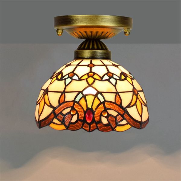 

European retro ceiling lighting hanging Tiffany stained glass aisle corridor balcony small ceiling light yellow baroque lamp TF014