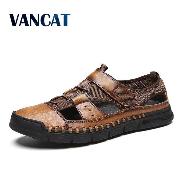 

vancat brand 2019 new fashion summer beach breathable men sandals genuine leather men's sandal man causal shoes plus size 38-46, Black
