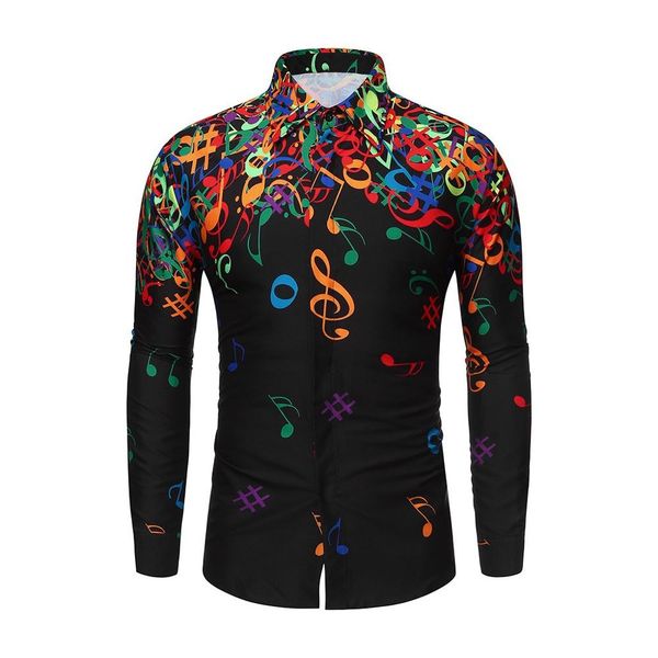 

autumn men shirts casual slim fit streetwear musical note printed blouse black lapel button up men dress shirt long sleeve, White;black