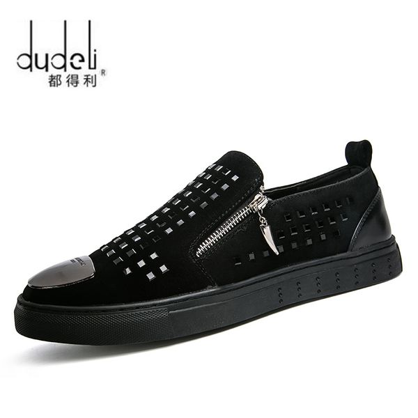 

dudeli fashion men black zipper rhinestones genuine leather low red bottom casual shoes men flats shoes size 43
