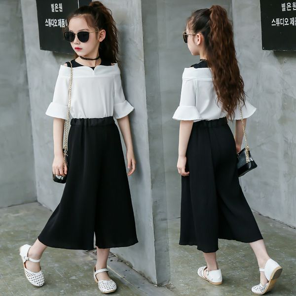 

2020 summer kids girls clothing sets t-shirt + wide leg pants suits children baby girl clothes outfits 5 6 7 8 9 10 12 years, White
