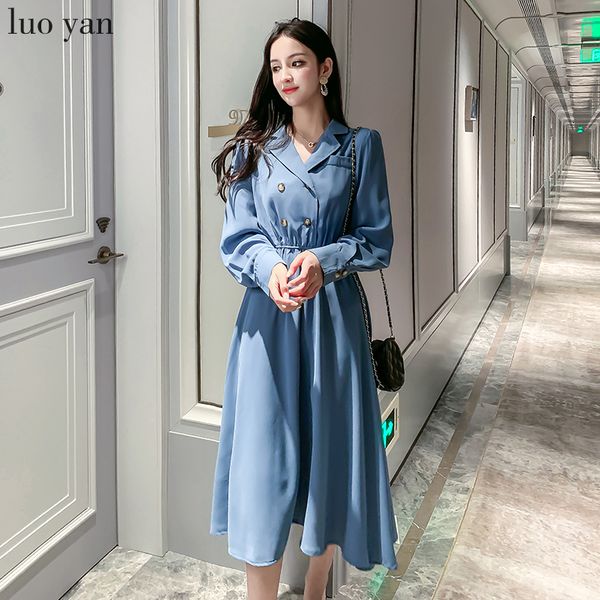 

autumn new high waist slim double-breasted woman dress popular temperament formal dress women elegant clothes blue, Black;gray