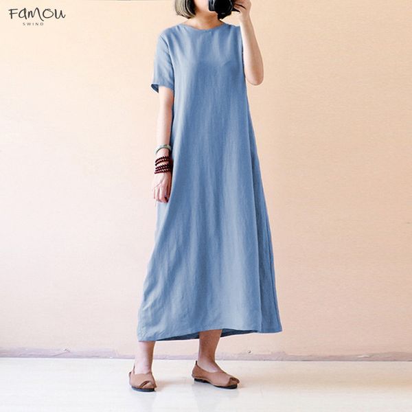 

Vintage Linen Dress Summer Shirt Dress Short Sleeve Solid 2019 Casual Loose Party Beach Maxi Long Vestidos Hot Sale