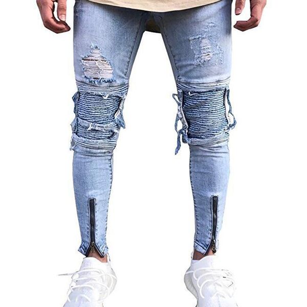 

new 2019 casual men's hole jeans skinny fashion jeans, Blue