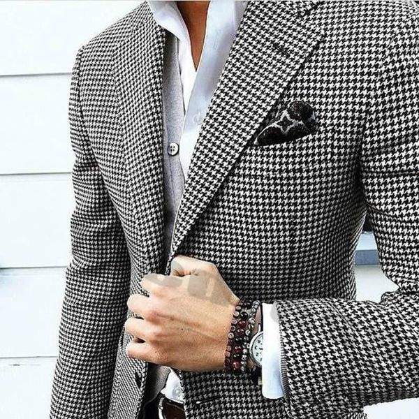 

men suits two button jackets slim fit houndstooth dogstooth blazers checkered groom tuxedos custom suit coats two pieces prom formal suits, Black;gray