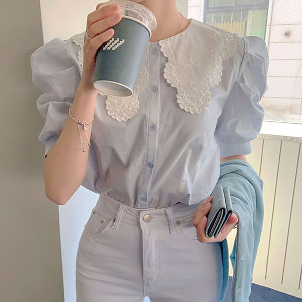 

women's blouses & shirts summer puff half sleeve embroidery shirt 2021 office lady elegant sweet blue club party casual womens and, White