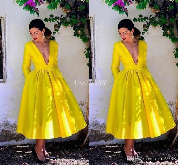 

yellow a line prom dresses long deep v neck long sleeves pleats ankle length formal dress evening gowns vestidos de noiva ogstuff, Black