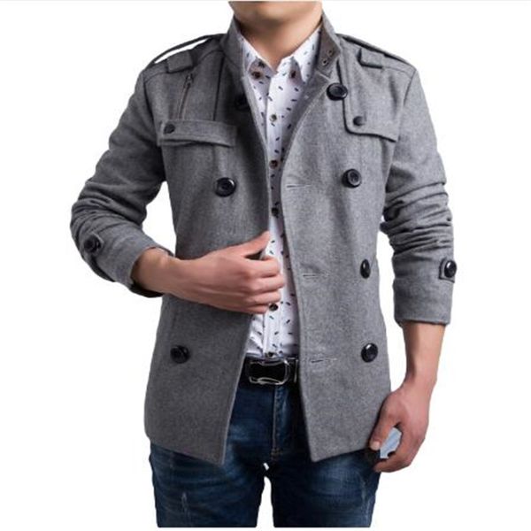 

2018 new fashion men woolen blend coat winter jacket trench coat outerwear overcoat double breasted peacoat male windbreaker, Black