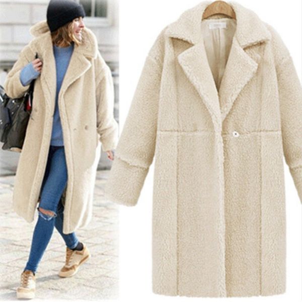 

autumn winter women loose winter solid color jackets lapel long sleeve warm cashmere wool coat arrival, Black
