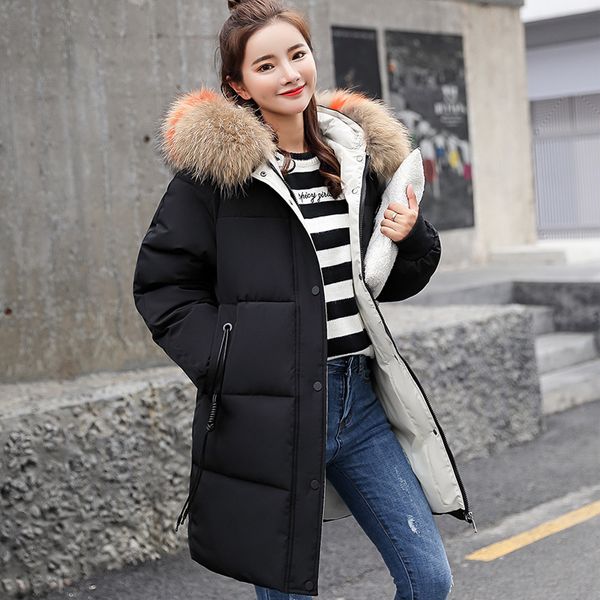 

moyan 2018 winter women loose jacket parka coat big fur collar thicken warm female down cotton plus size outerwear parkas, Black