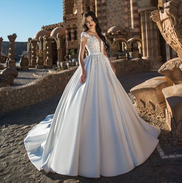

attractive a line lace appliqued wedding dresses sheer plunging neck beaded bridal gowns satin sweep train robe de mariÃ©e, White