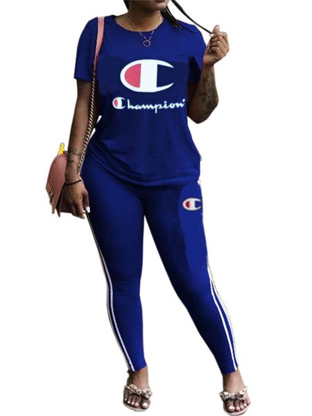 

women champions tshirts tracksuit round neck t shirt + long pants 2 piece sportswear plus size letter outfit sports jogger set b3293, White