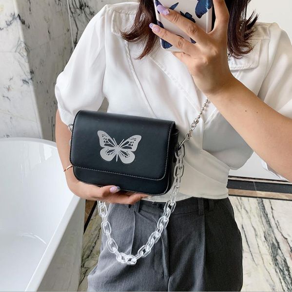 

женские сумки 2020 новая акриловая прозрачная толстая цепь маленькая квадратная сумка светоотражающая бабочка одно плечо сумка-мессенджер