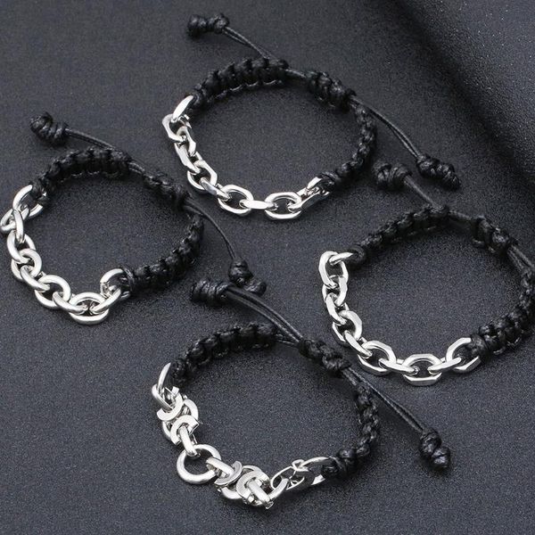 

retro black leather adjustable bracelets for men chain link stainless steel braided rope bracelet casual personalized bangle new