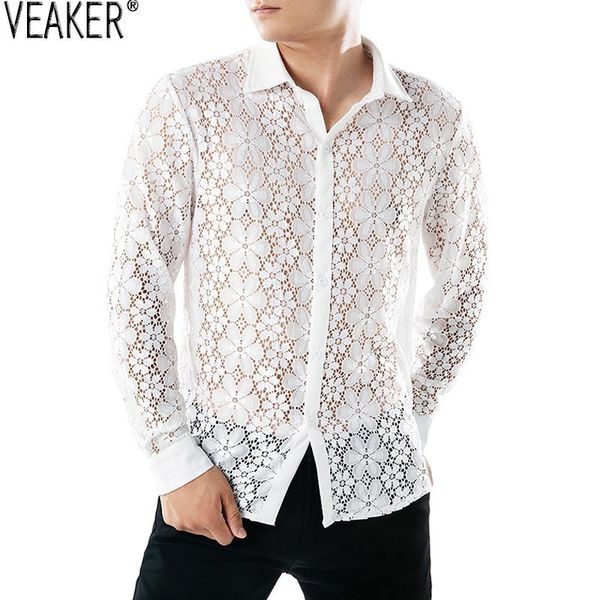 

nieuwe mannen bloemen mesh shirt zwart witte mannelijke transparante holle out shirt see through slim fit casual, White;black