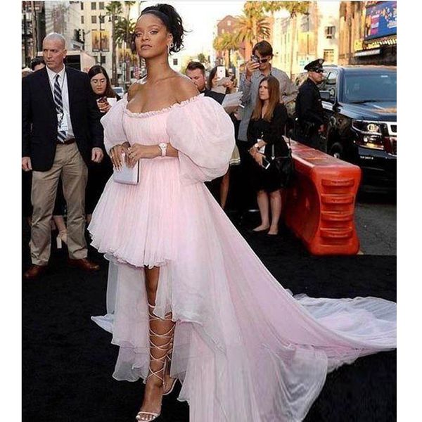 

rihanna pink hi low prom dresses boat neck tulle formal evening dress tulle sleeves red carpet celebrity dress cocktail party gown, Black;red