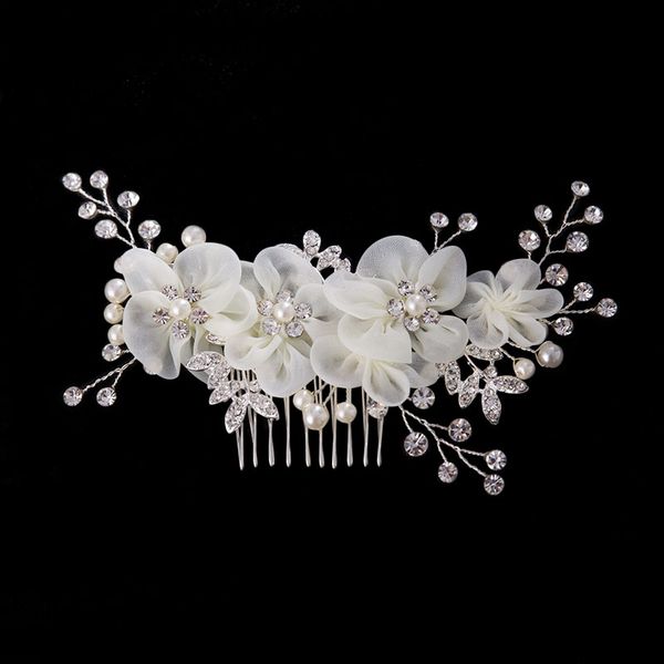 

women white yarn handmade flower hair combs bridal wedding beauty headpieces ladies delicate crystal pearl hair accessories, Golden;white