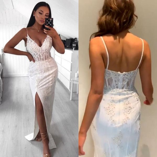 

modern white spaghetti strap beaded prom dresses zipper back side split mermaid evening party gowns with applique lace, Black