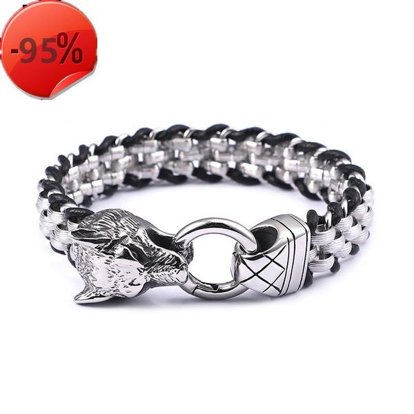

jewelry titanium steel wolf head men's bracelet punk woven fashion men's cool coarse stainless steel casting bracelet bracelet, Black