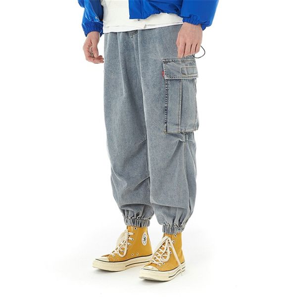 

caibgot heavy washed jeans loose fit multi-pocket cargo pants high street hip hop men's pants, Blue