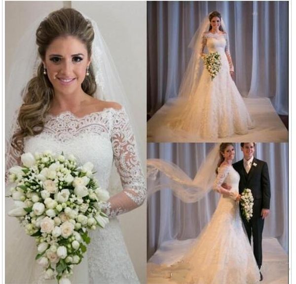 

Off The Shoulder A Line Lace Long Sleeves Beach Wedding Dresses Fashion Covered Button Wedding Dress Bridal Dress for Wedding Hot sale