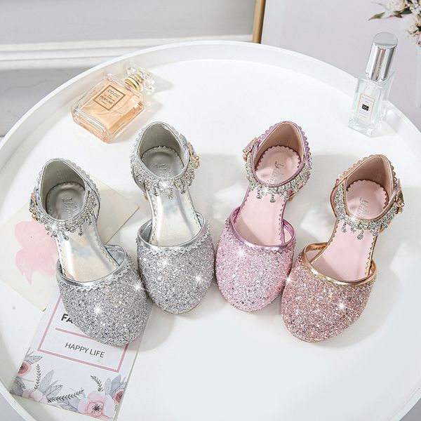 

flat shoes children girls high heels elegant princess kids glitter leather rhinestone with pendants for wedding party dance, Black;grey