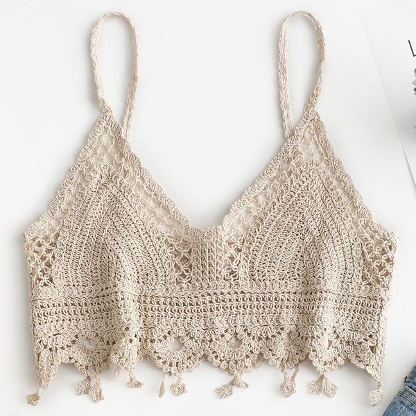 

zaful bohemian beach crop crochet scalloped cropped cami spaghetti strap solid summer nonelastic knit tanks, White