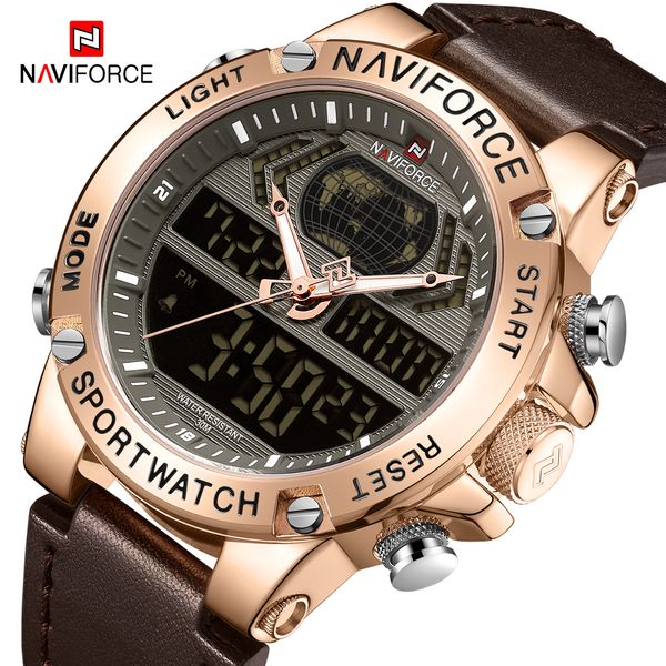 

naviforce mens watch luxury leather strap digital quartz wrist watch men double display clock sport waterproof watches relogio, Slivery;brown