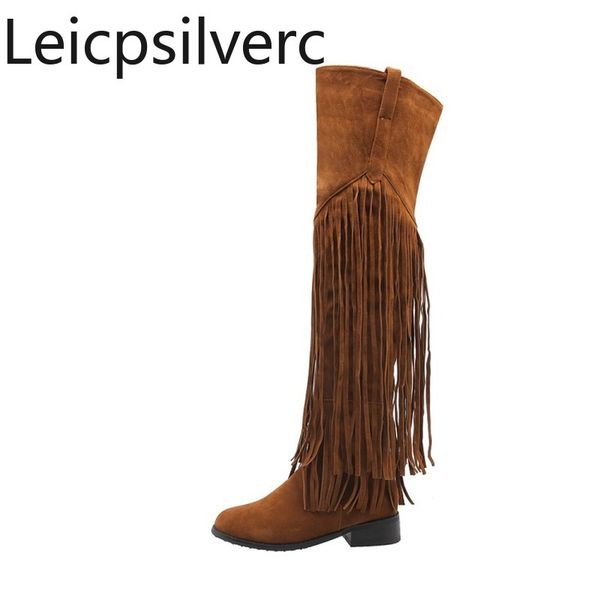 

autumn and winter fashion women's tassel boots round head low-heeled over the knee boots thick heel long plus size 34-46, Black