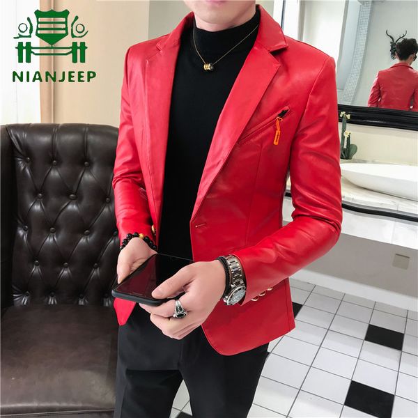 

2019 autumn leather blazer men fashion designer leather jackets slim fit blazer homme club outfit jacket mens coat, Black